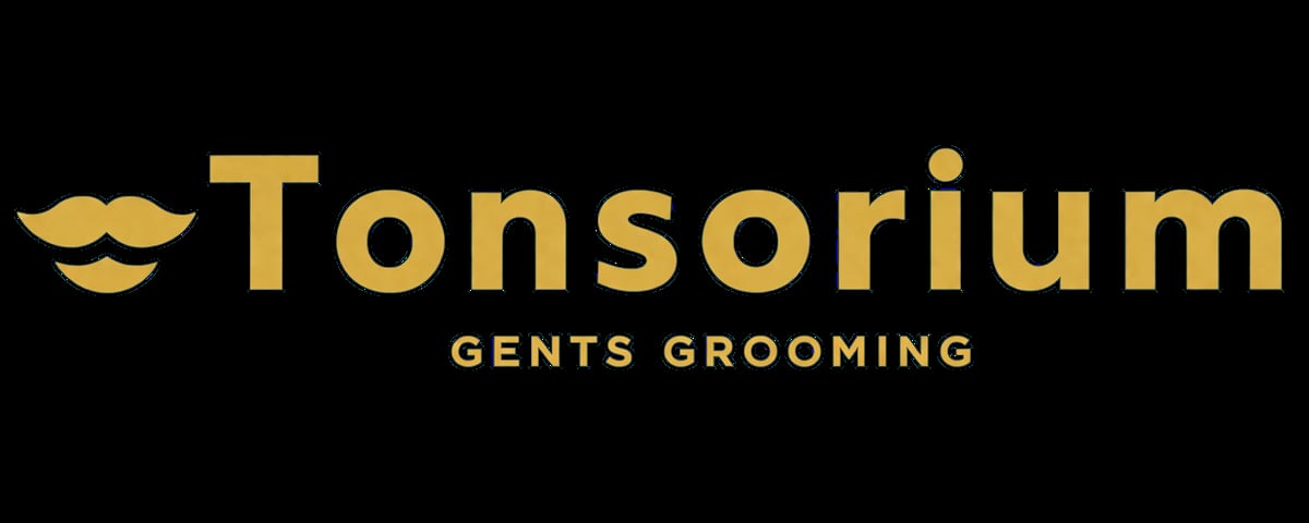 Tonsorium Gents Grooming logo with gold mustache icon and text on black background